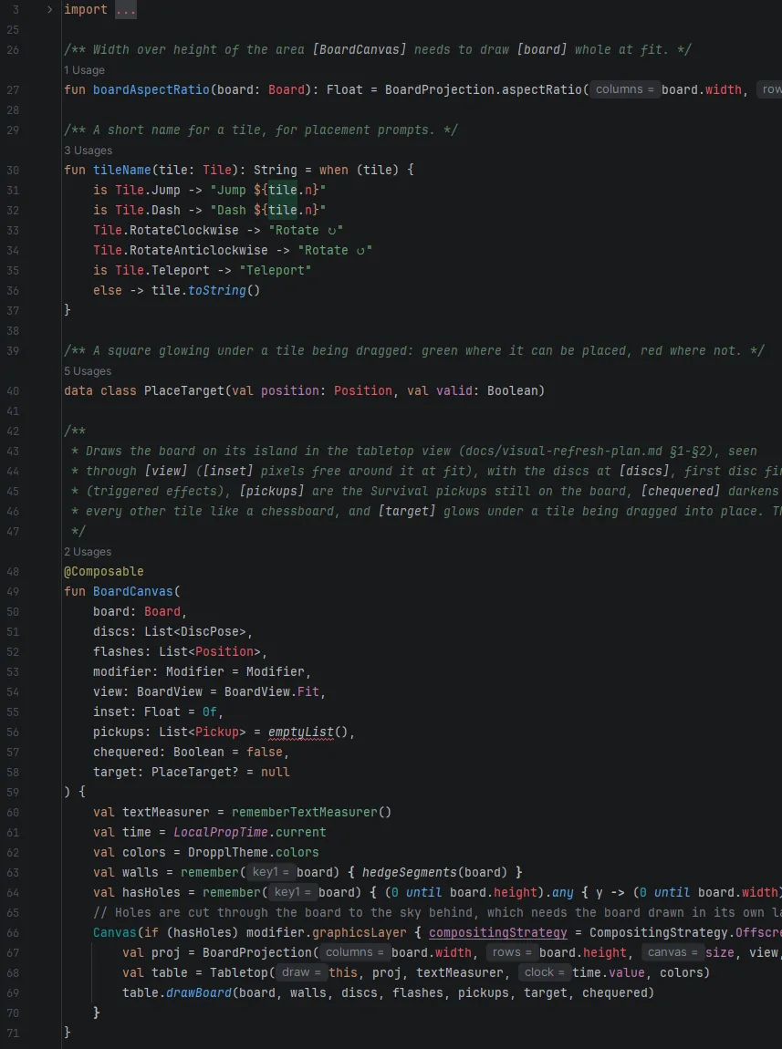 Part of Droppl’s Kotlin source: the BoardCanvas function that draws the board on its island, with plain-English comments above each part