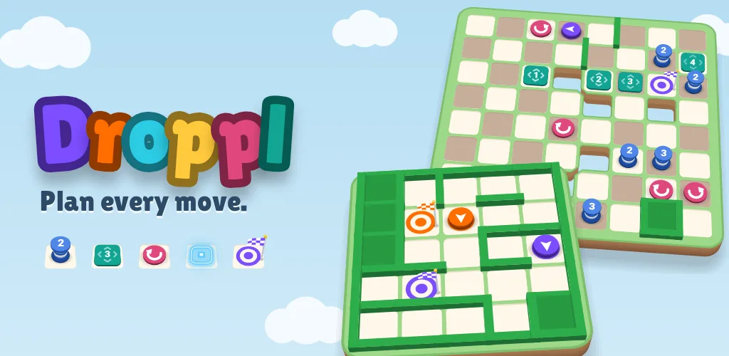 Droppl feature graphic: a violet disc on a floating puzzle board