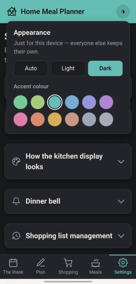 The appearance panel in dark mode, with a choice of twelve accent colours