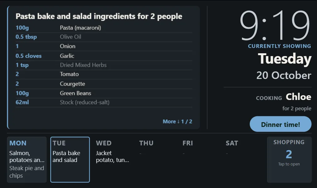 The kitchen display flipped to show the ingredients for pasta bake and salad for 2 people