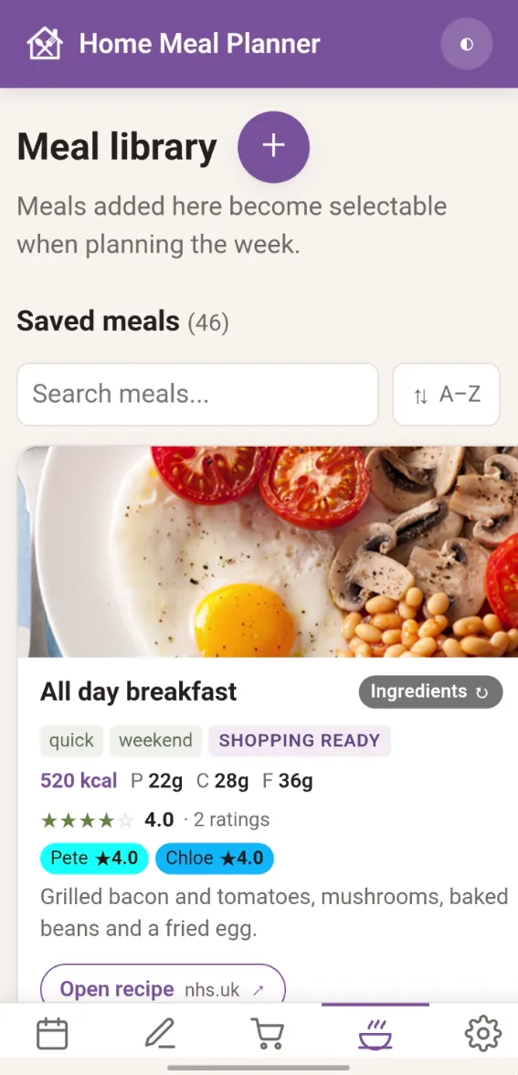 The meal library, with 46 saved meals, tags, nutrition and ratings
