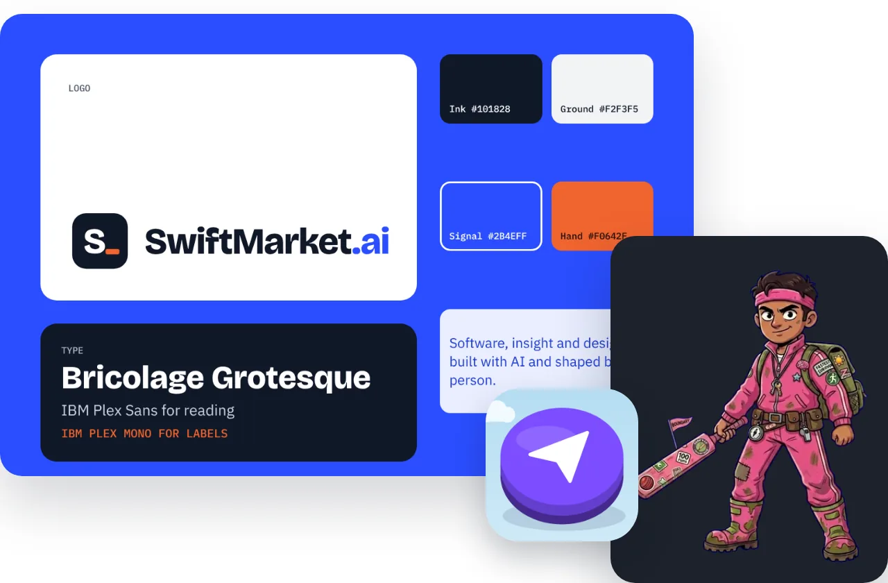 The SwiftMarket.ai brand board, the Droppl app icon and Ash from Zombified