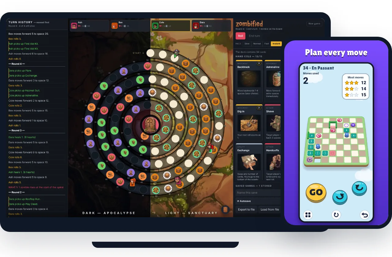 Zombified running in a browser on a laptop, beside a Droppl level on a phone
