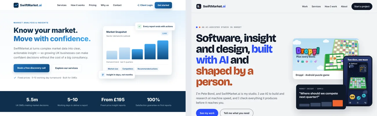 Before and after: the old SwiftMarket.ai homepage beside the new one