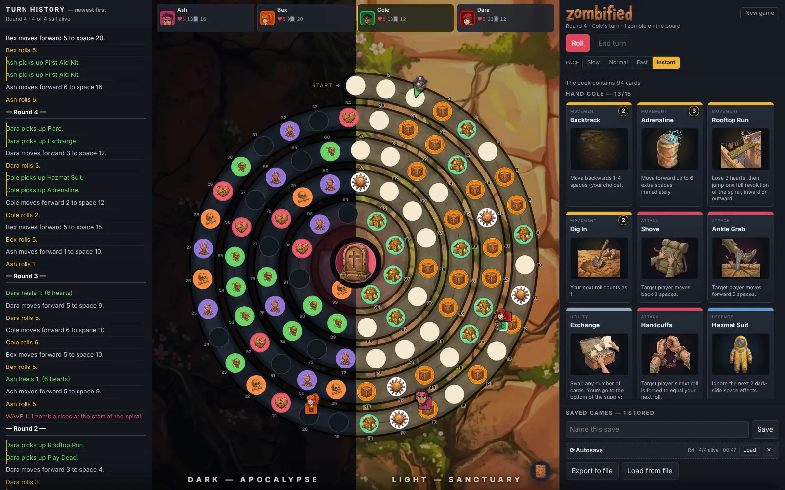 A game of Zombified in progress, with the turn history on the left, the spiral board in the middle and the current player’s cards on the right